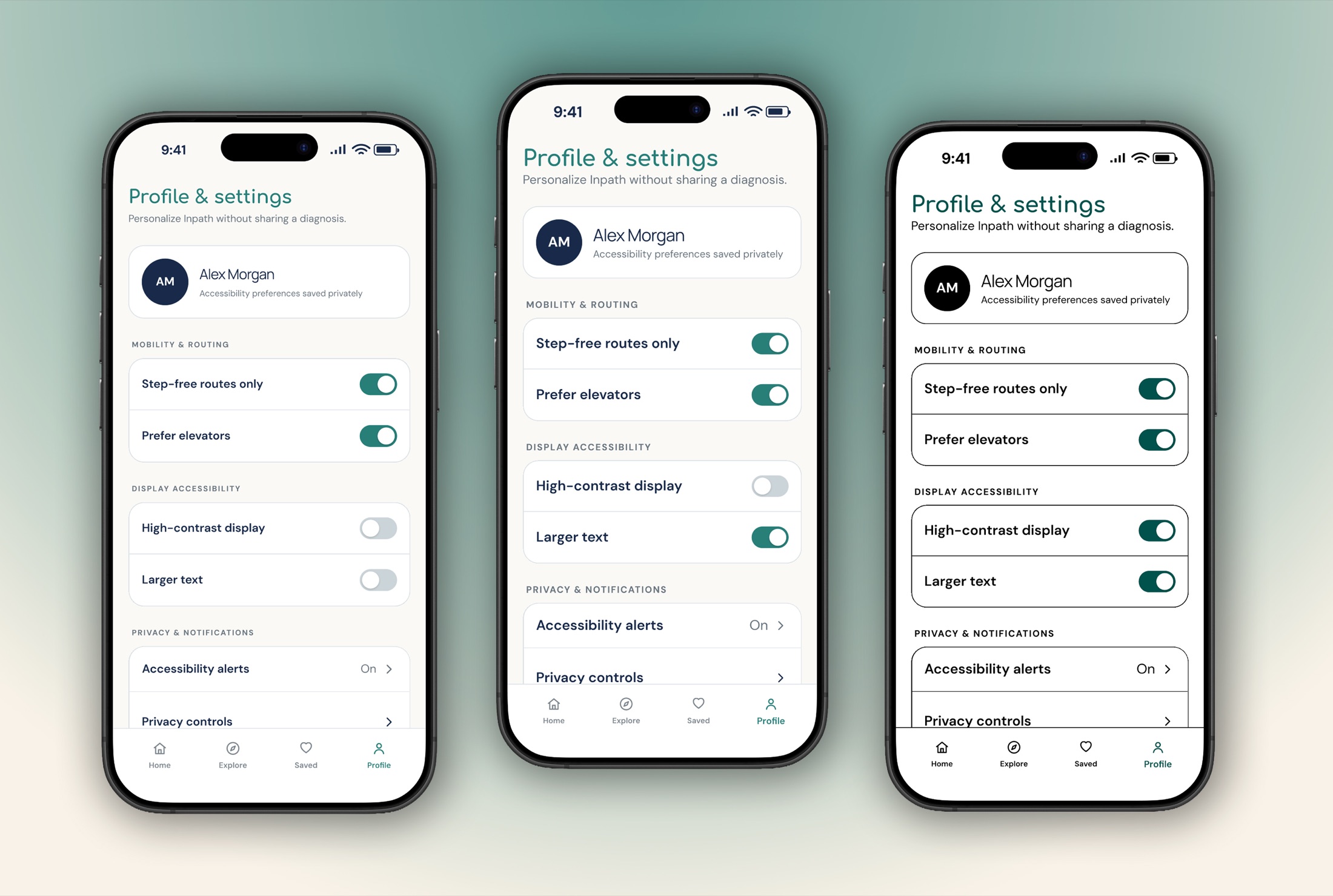 InPath profile and settings screens in standard, larger text and high-contrast modes