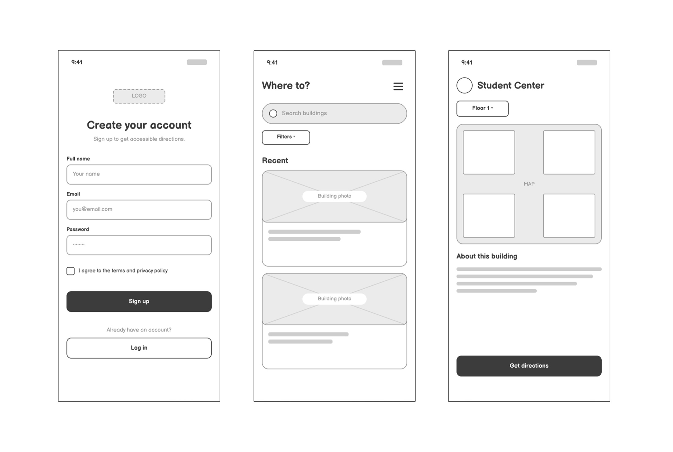 InPath low-fidelity prototype screens: sign up, home and building