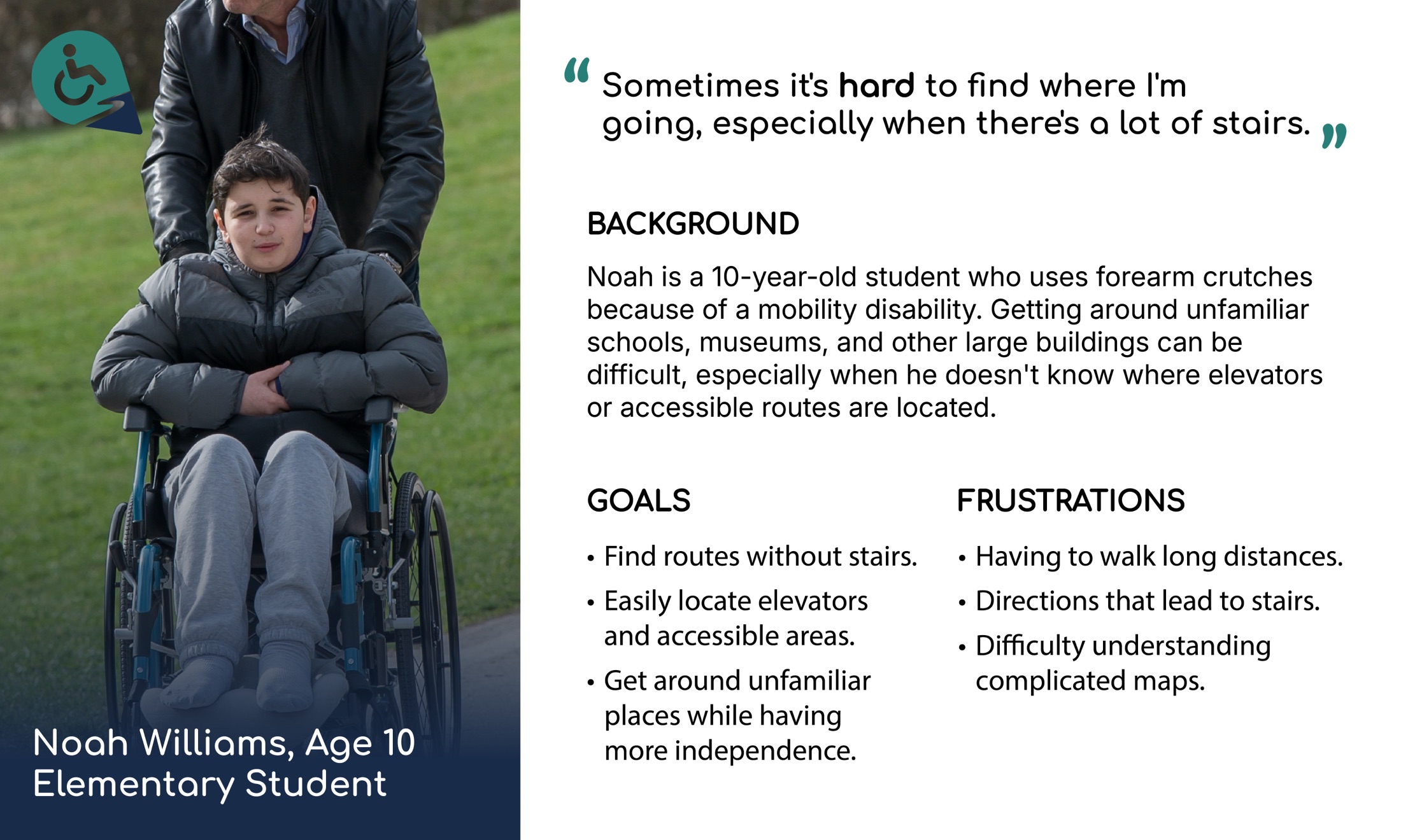 Persona 02: Noah Williams, age 10, elementary school student with limited mobility, with his background, goals and frustrations