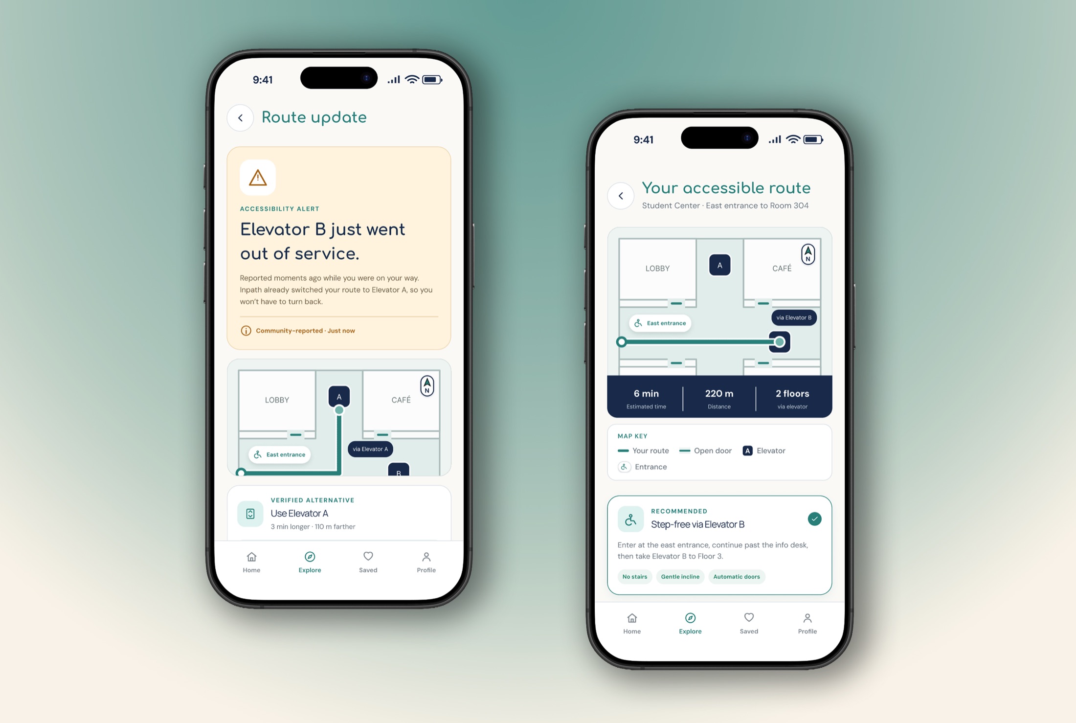 InPath route update alert and accessible route screens
