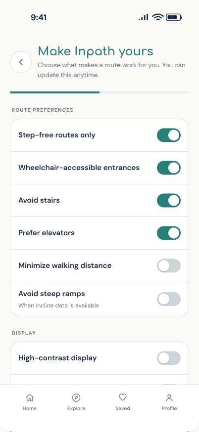 InPath Accessibility preferences screen