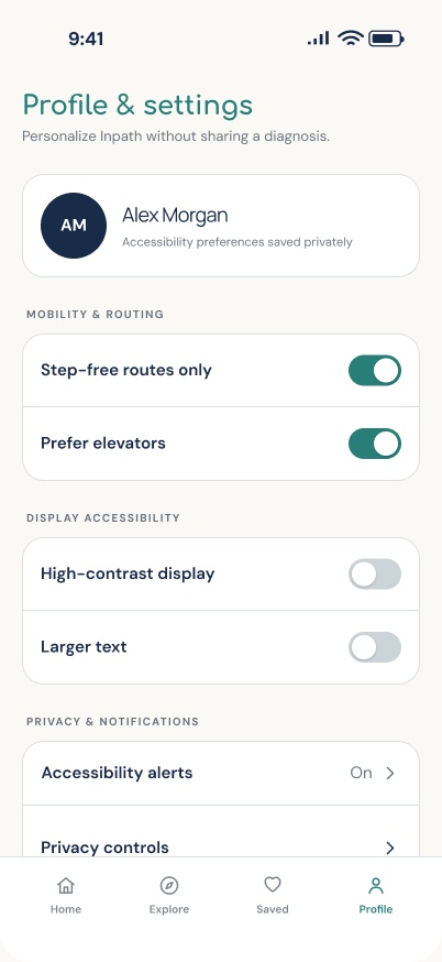 InPath Profile & settings screen