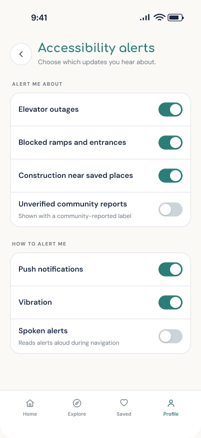 InPath Accessibility alerts screen