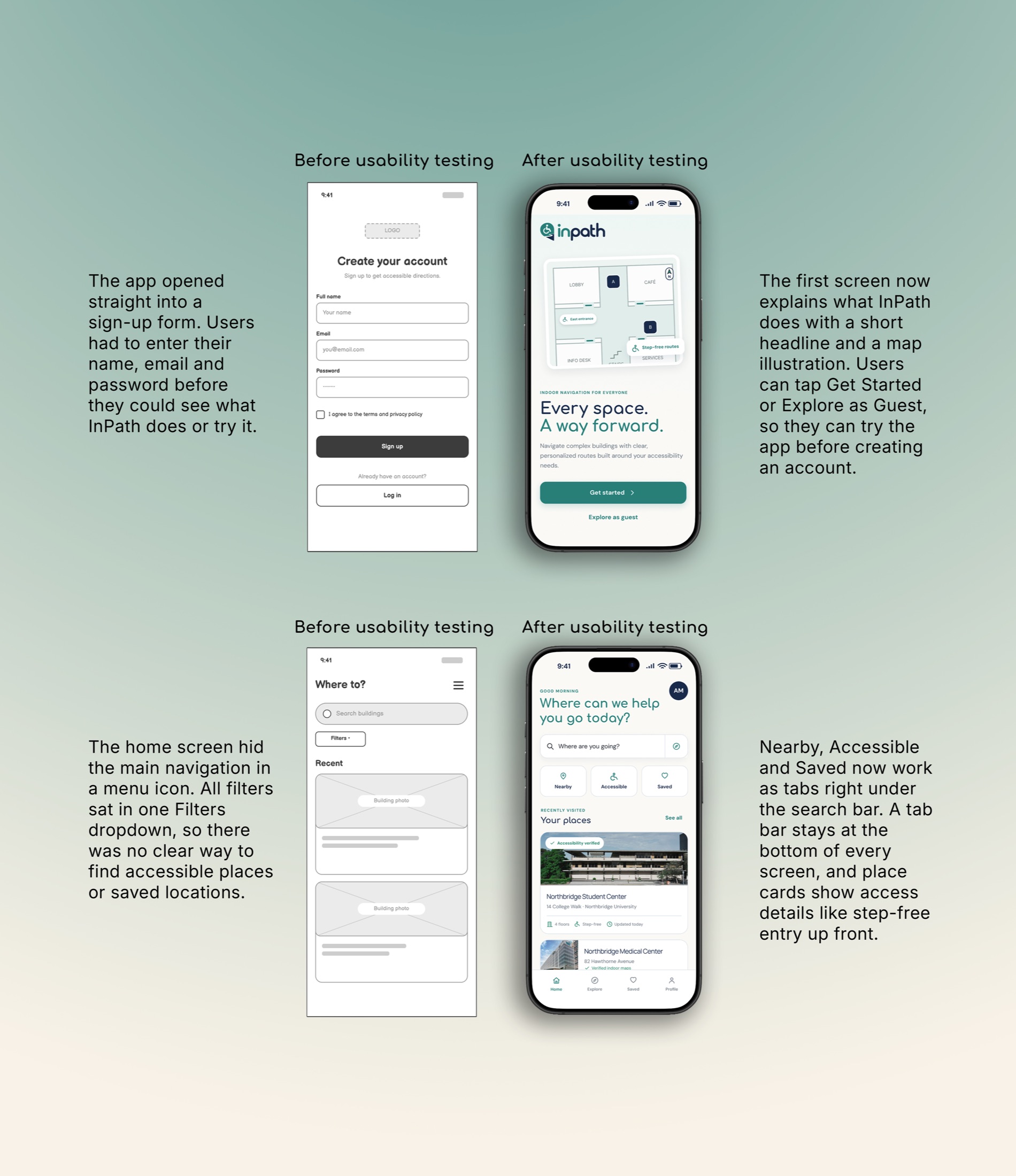 Before and after usability testing: the sign-up screen became a welcome screen with a guest option, and the home screen gained Nearby, Accessible and Saved tabs plus a tab bar