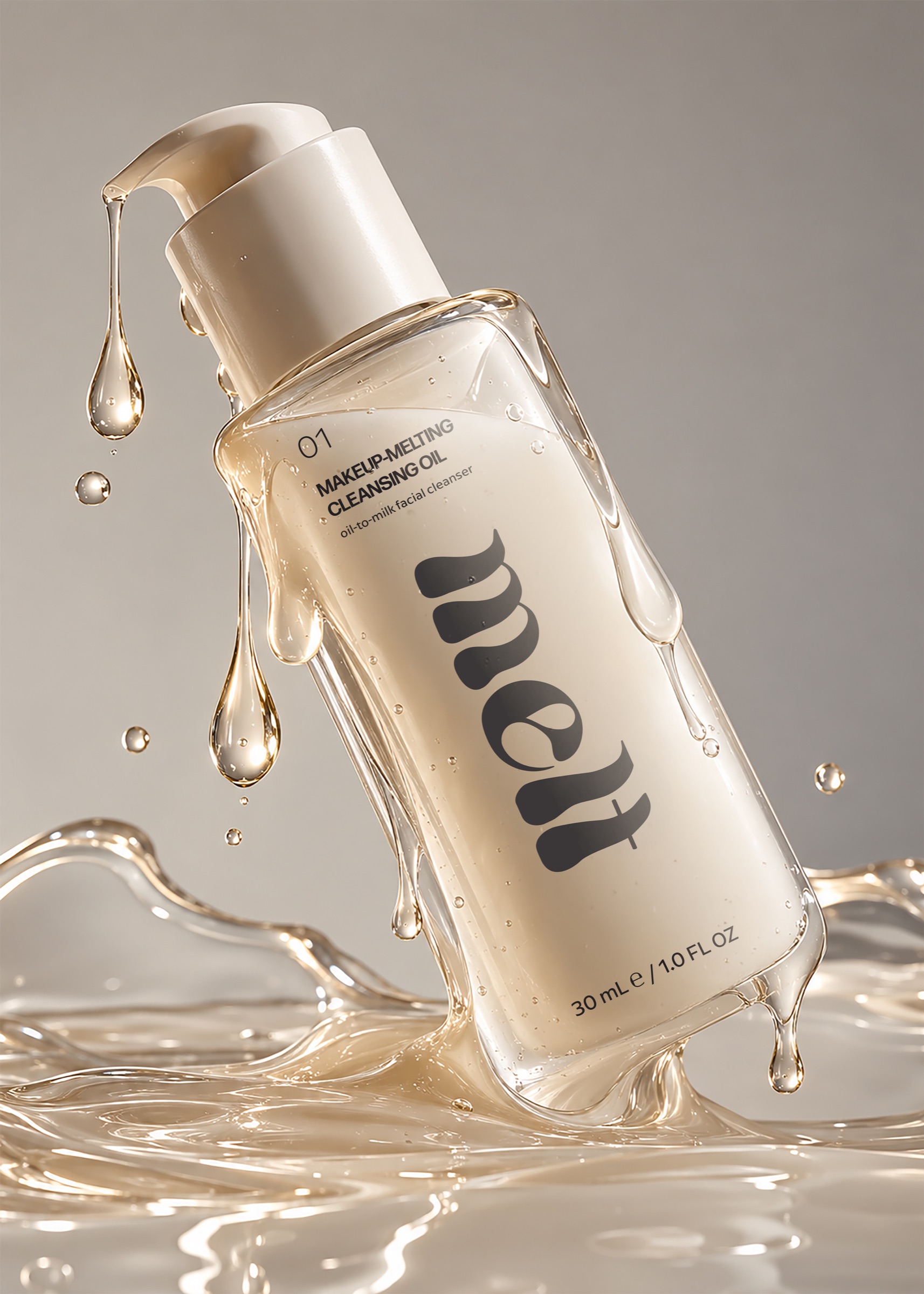 Melt cleansing oil bottle dripping with oil