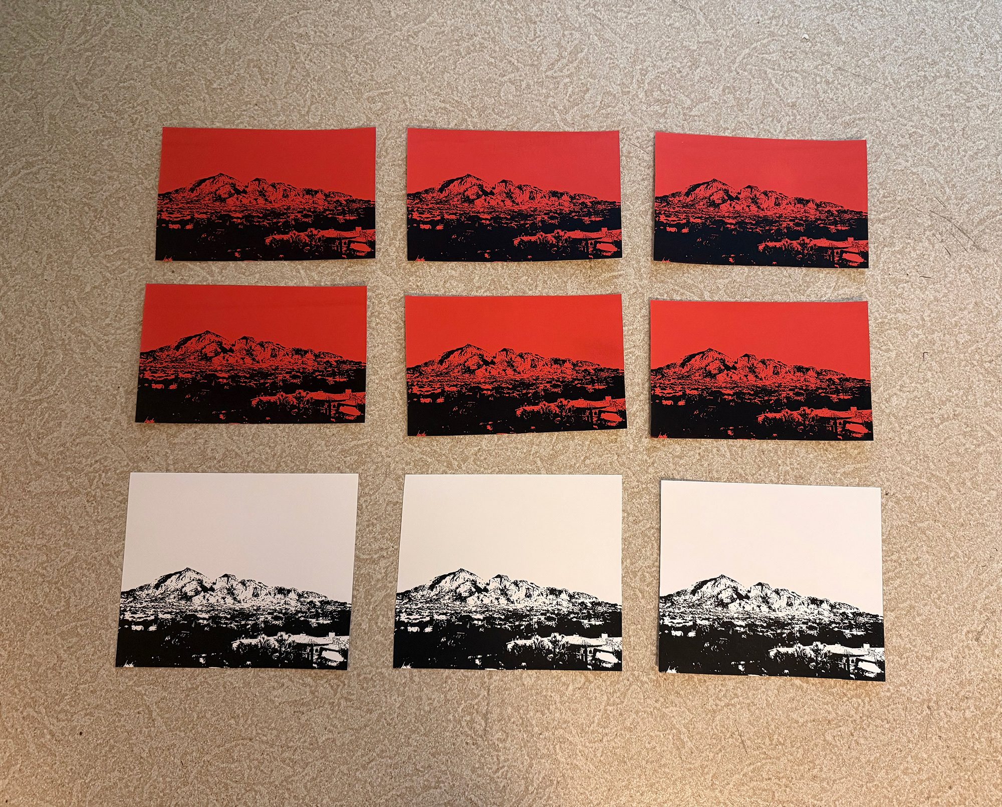 Camelback Mountain photo emulsion screen prints in black on red-orange and white